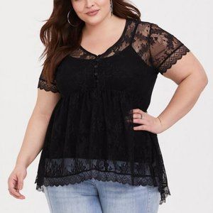 Black Lace Button-Up Babydoll Top